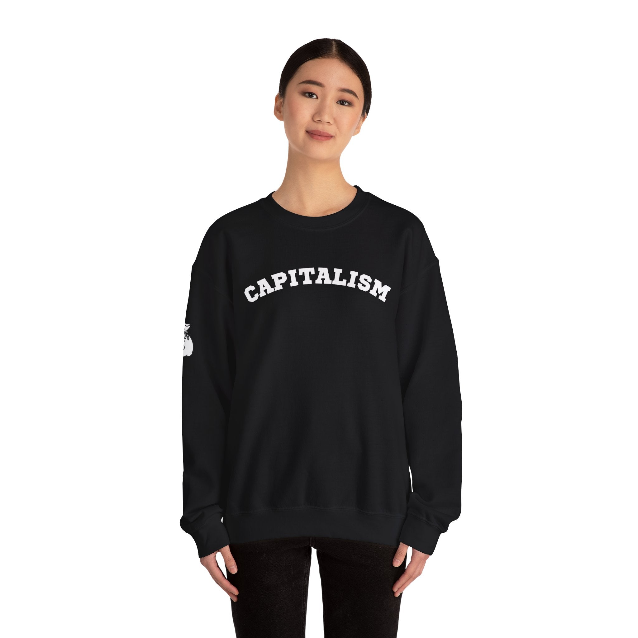 Capitalism Arch Crewneck Sweatshirt — Black Graphic Pullover with Money Bag Sleeve