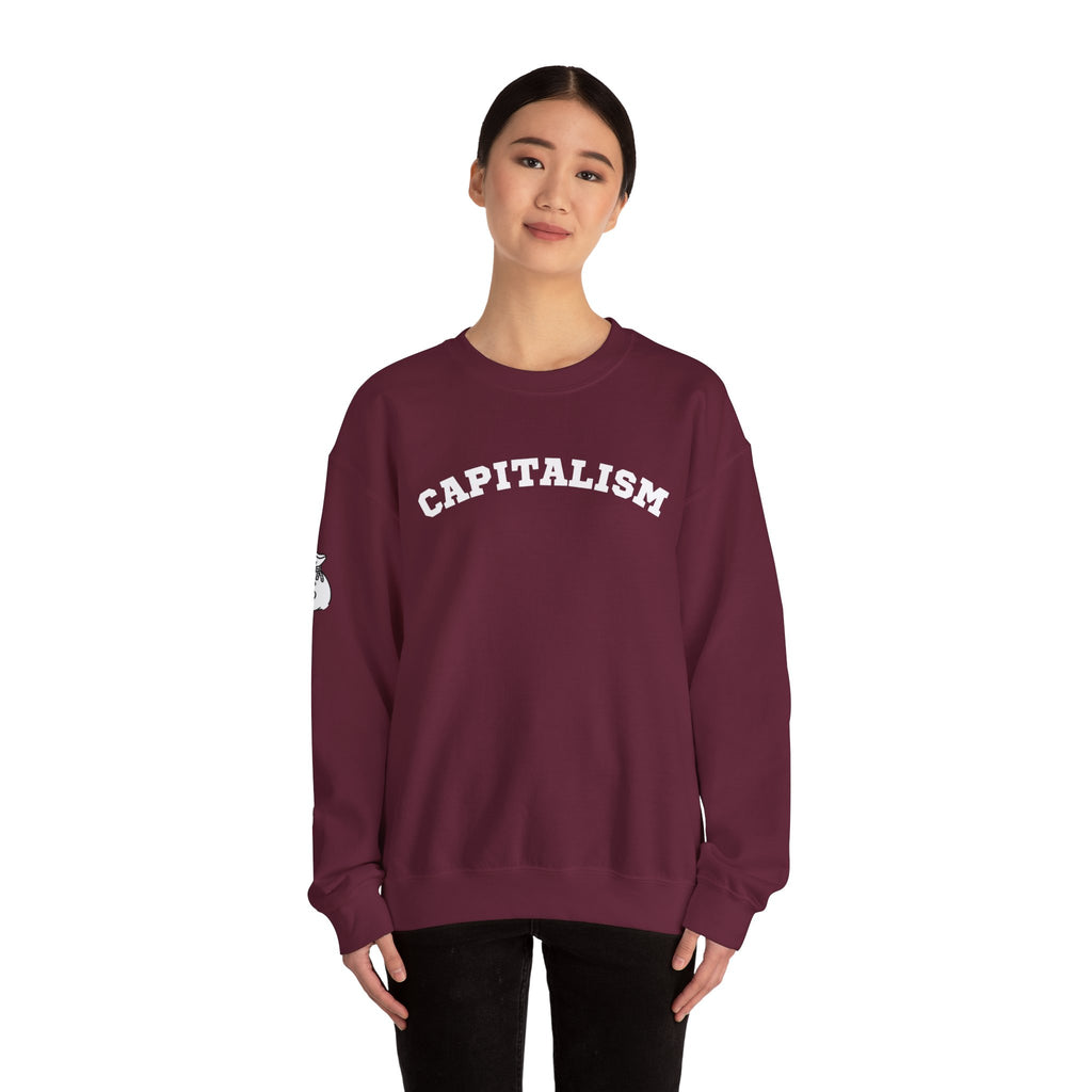 Capitalism Arch Crewneck Sweatshirt — Black Graphic Pullover with Money Bag Sleeve