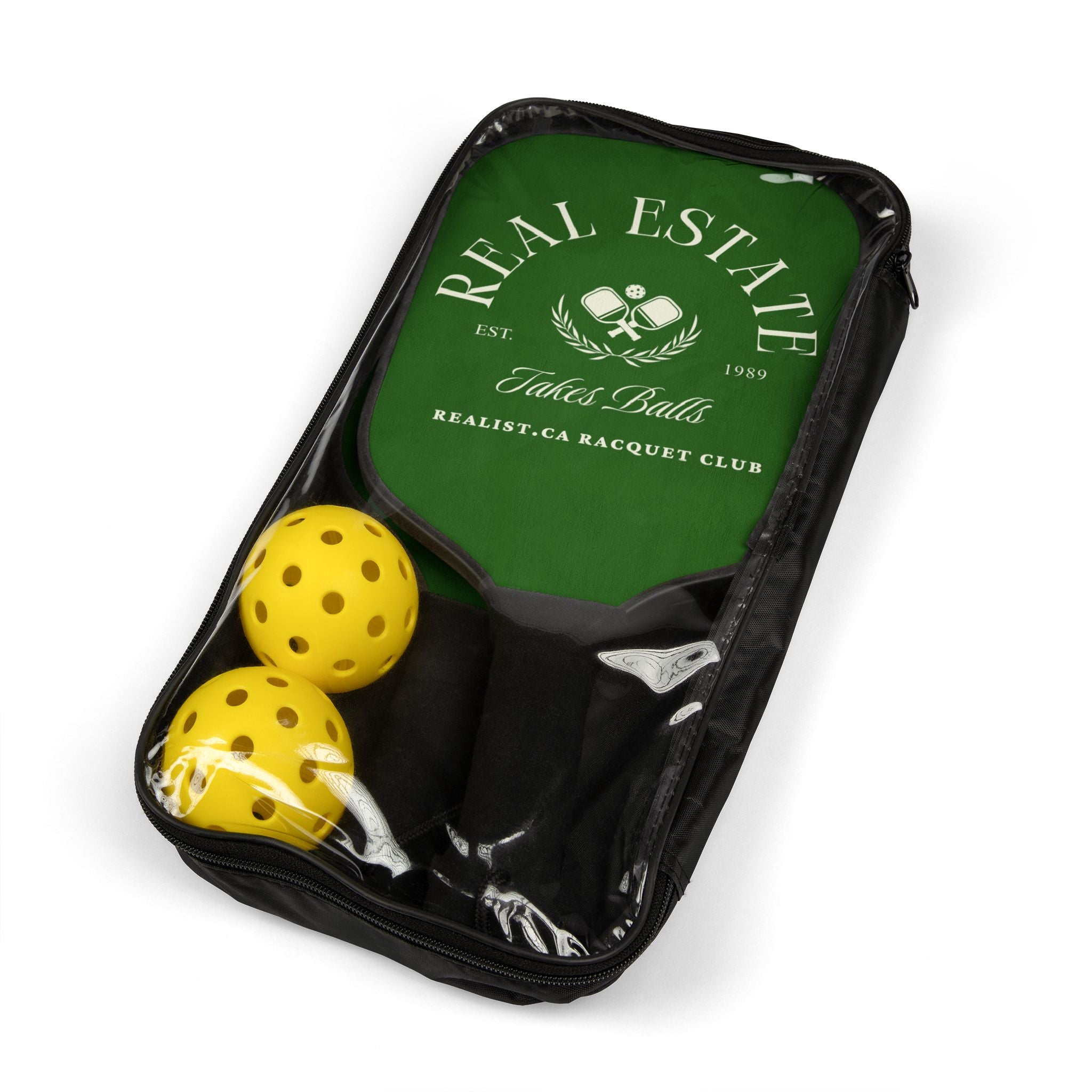 Real Estate Takes Balls Gift  — Pickleball Paddles & Balls Kit — Real Estate Racquet Club Design
