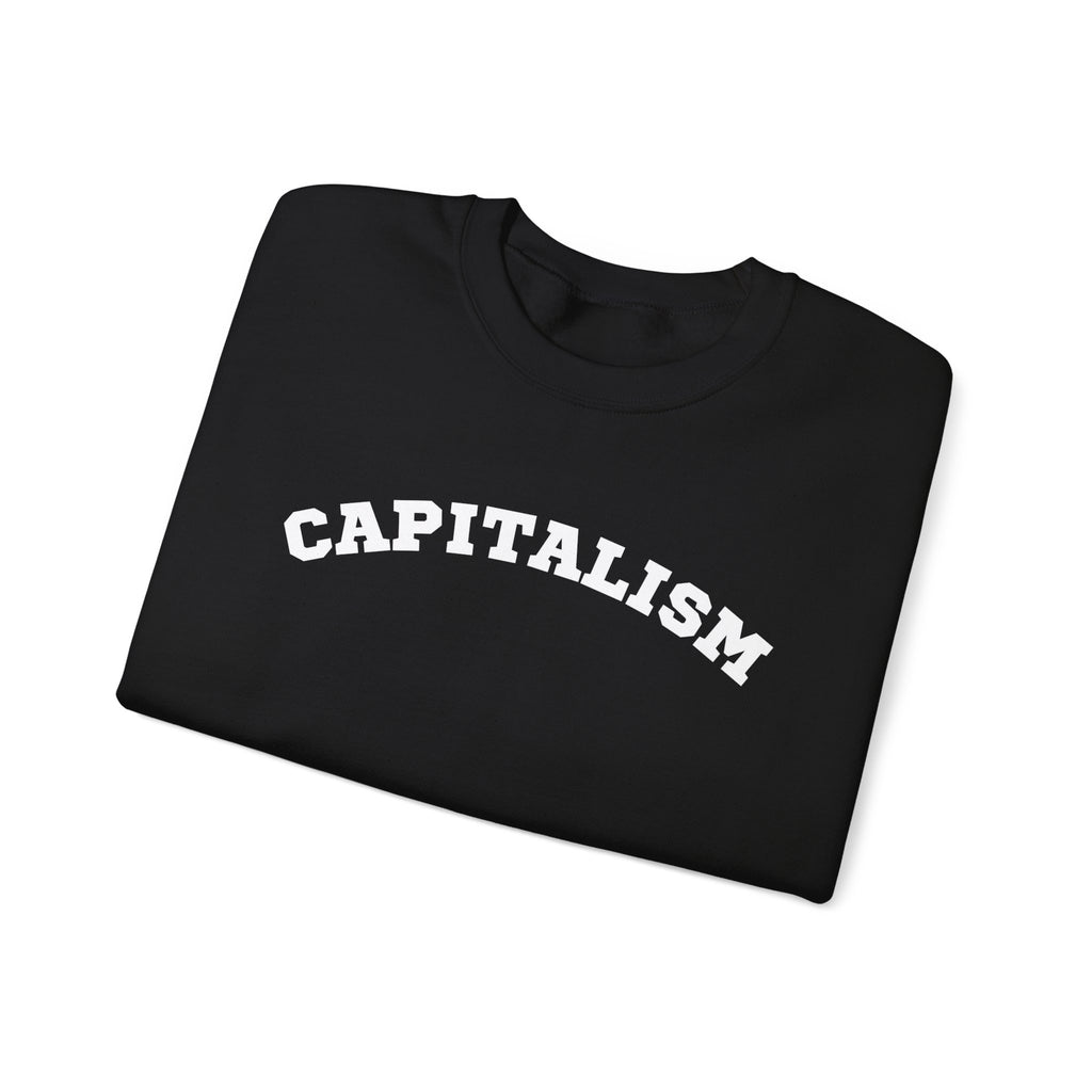 Capitalism Arch Crewneck Sweatshirt — Black Graphic Pullover with Money Bag Sleeve