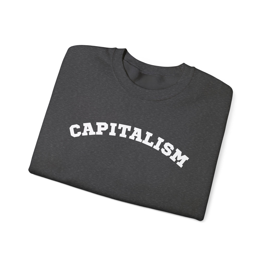 Capitalism Arch Crewneck Sweatshirt — Black Graphic Pullover with Money Bag Sleeve