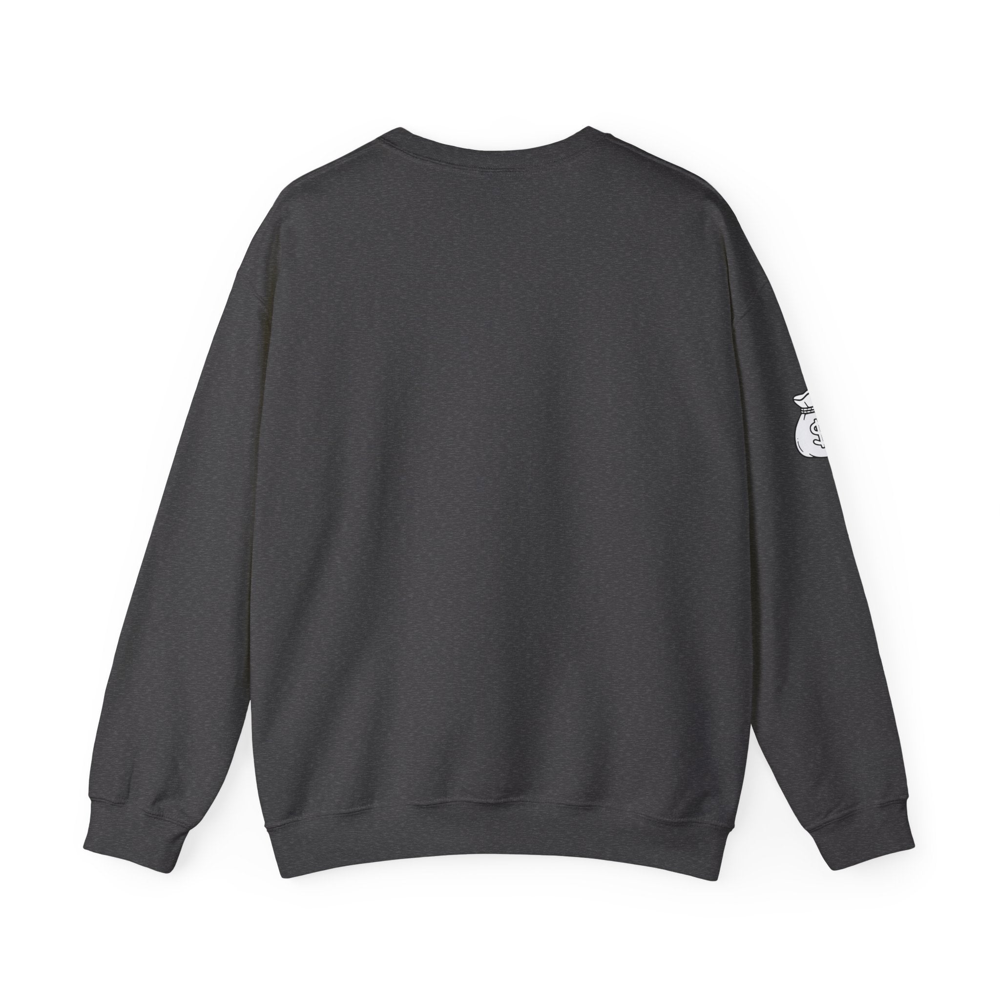 Capitalism Arch Crewneck Sweatshirt — Black Graphic Pullover with Money Bag Sleeve
