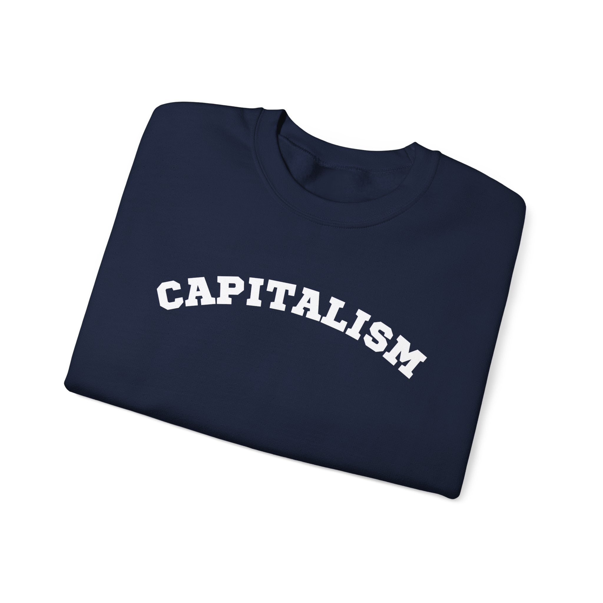 Capitalism Arch Crewneck Sweatshirt — Black Graphic Pullover with Money Bag Sleeve