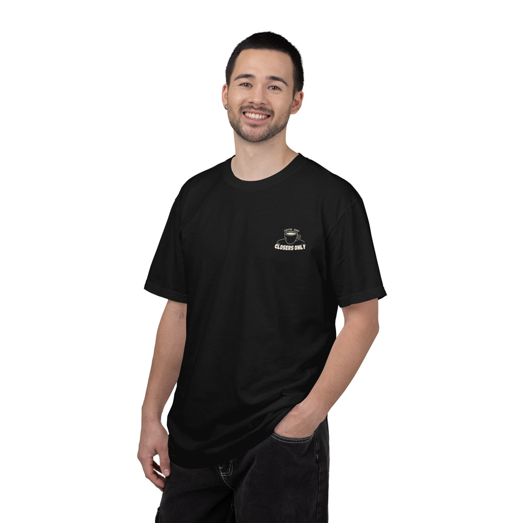 Closers Only Club T-Shirt — Premium Coffee Shop Tee (Back Graphic)