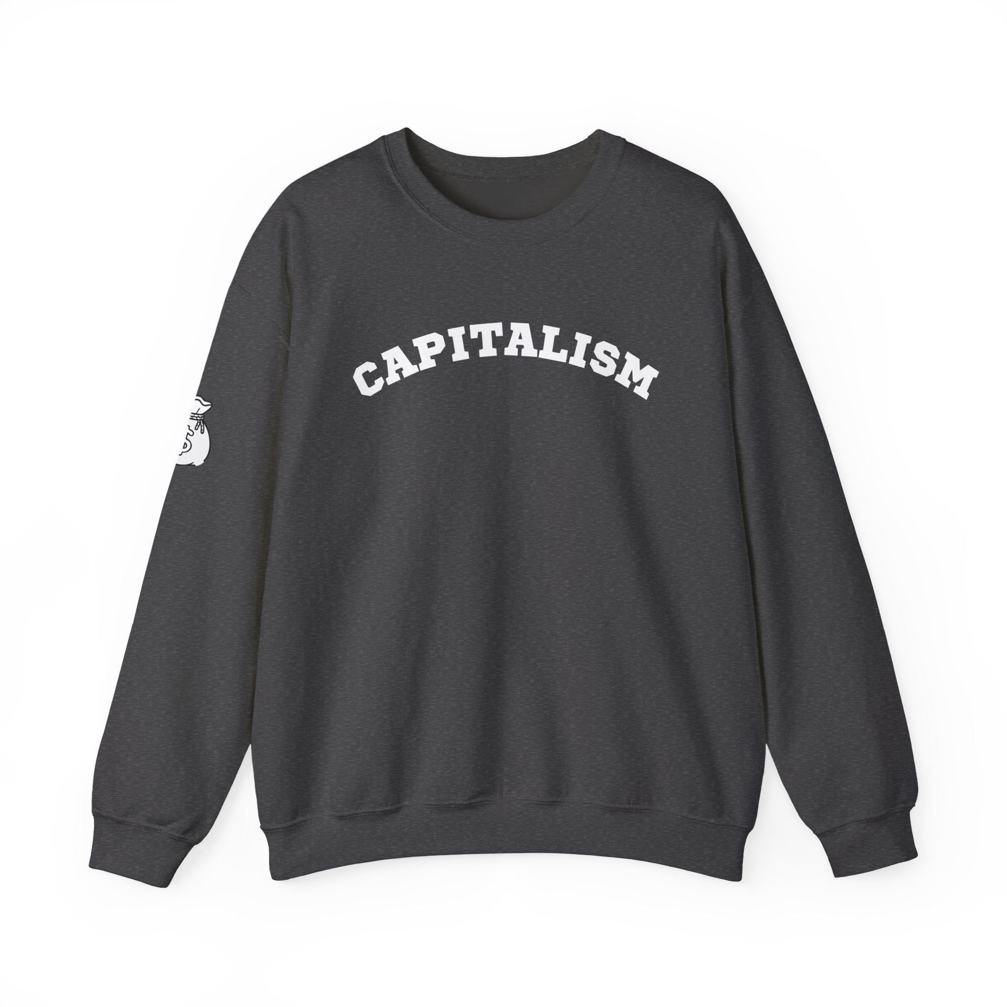 Capitalism Arch Crewneck Sweatshirt — Black Graphic Pullover with Money Bag Sleeve