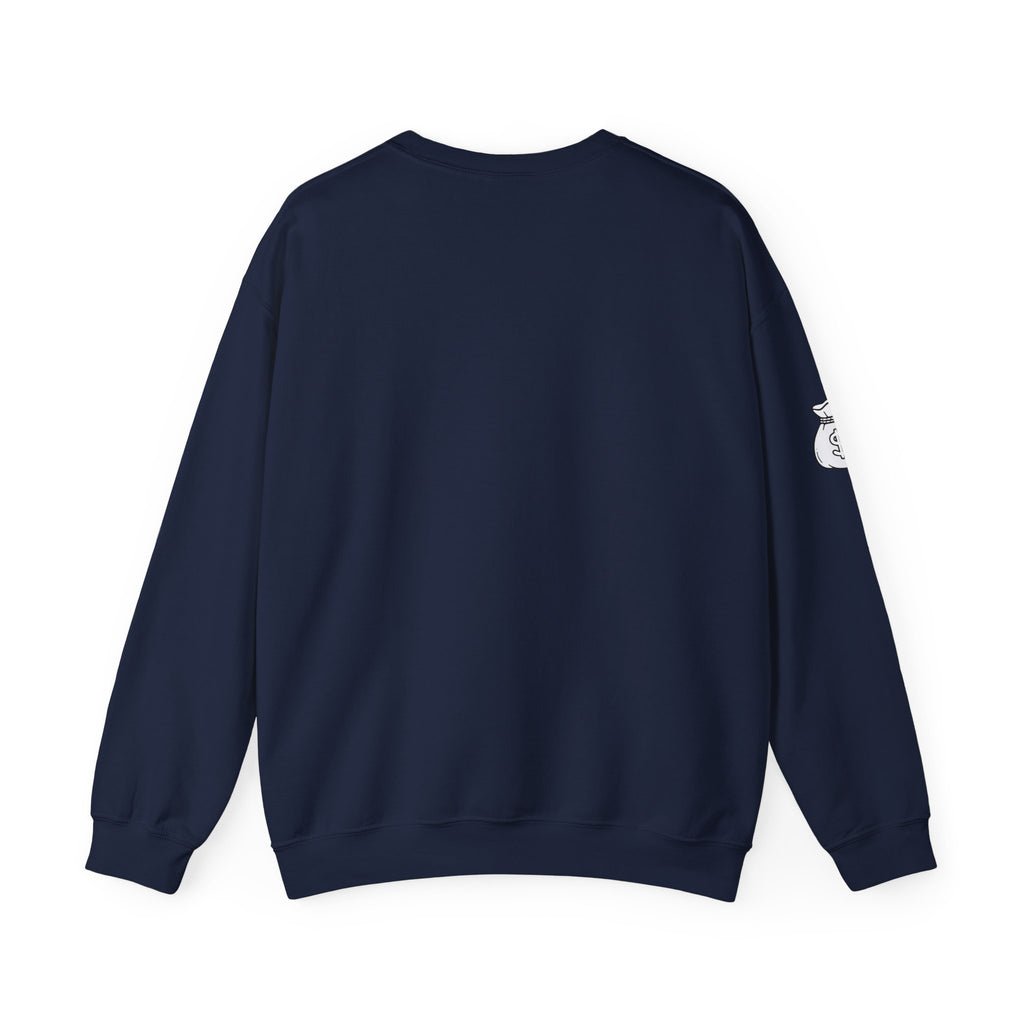 Capitalism Arch Crewneck Sweatshirt — Black Graphic Pullover with Money Bag Sleeve