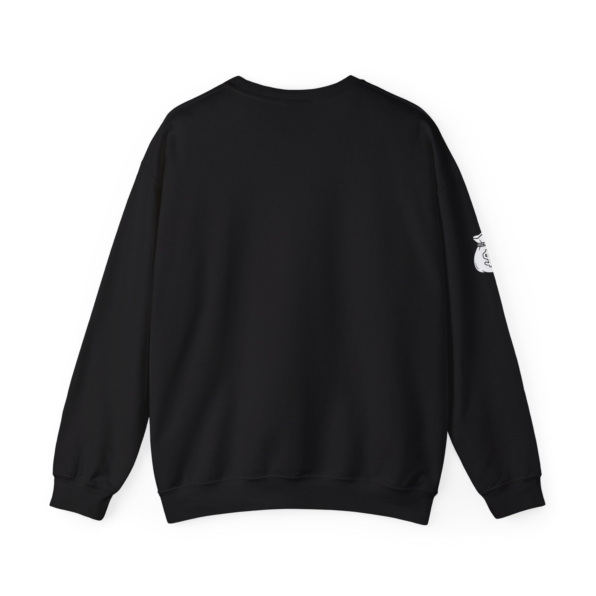 Capitalism Arch Crewneck Sweatshirt — Black Graphic Pullover with Money Bag Sleeve